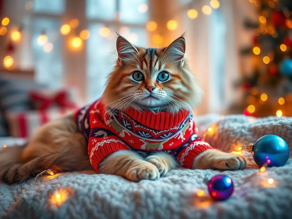 Cat wearing festive sweater