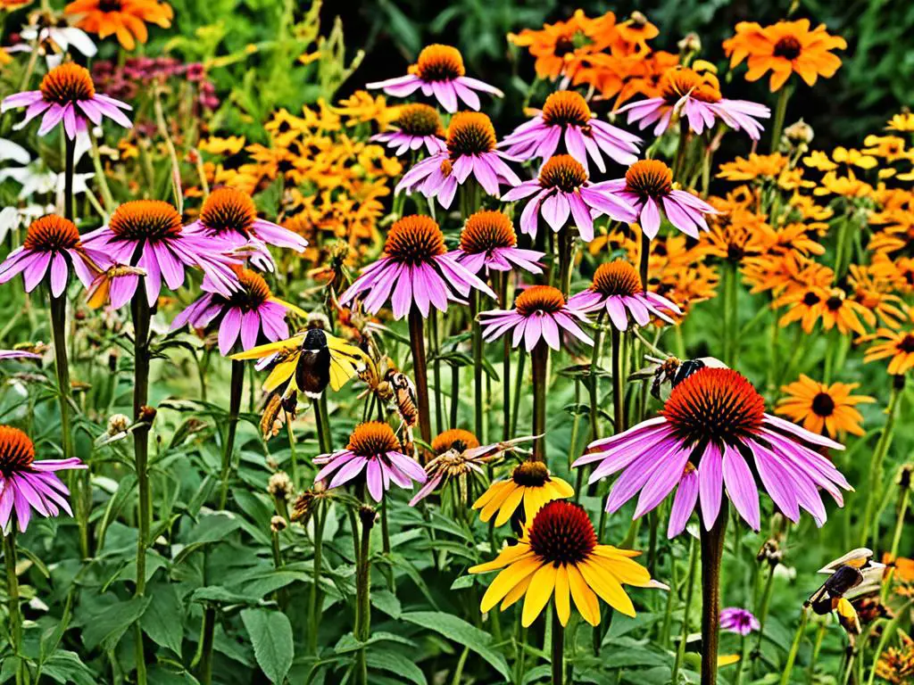 Coneflowers attracting pollinators in fall garden