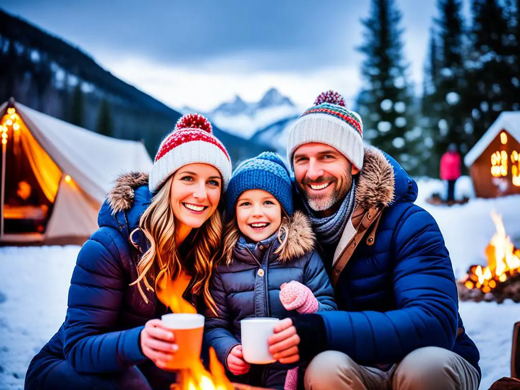 Family enjoying winter glamping