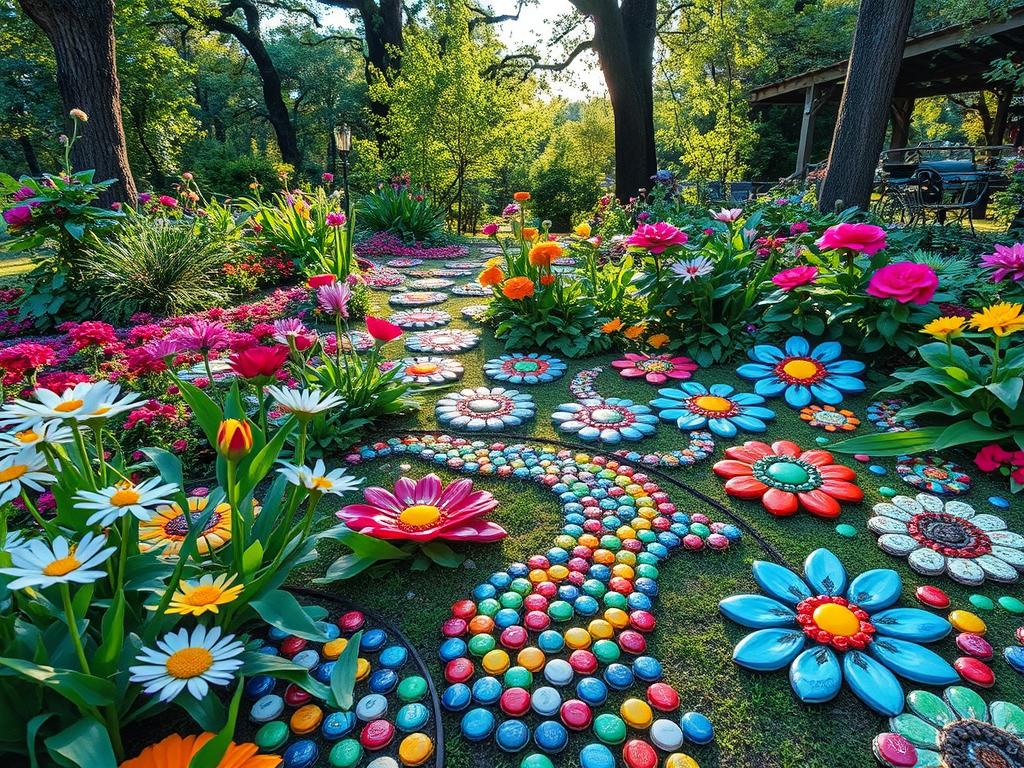 Bottle cap mosaics for garden decoration