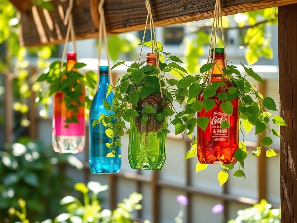 Hanging planters made from plastic bottles