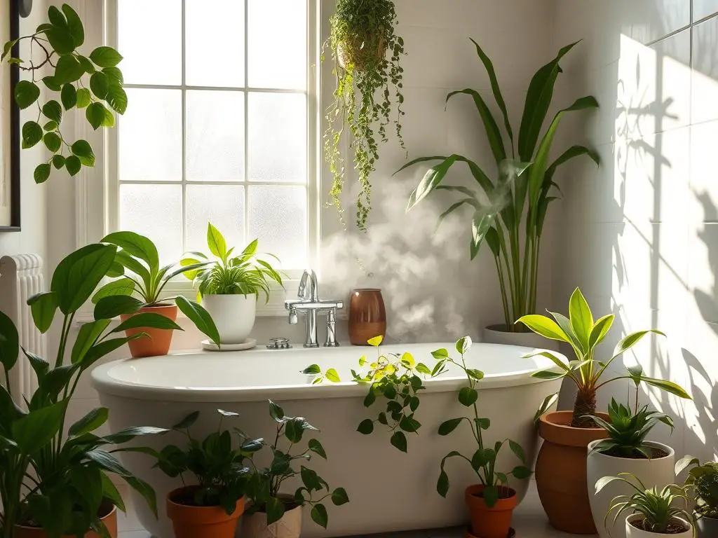 Plants providing stress relief in bathroom