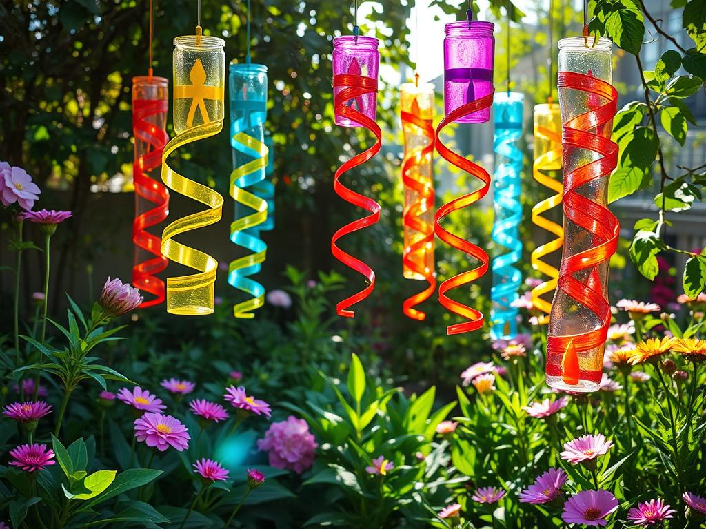 Plastic bottle wind spirals in garden