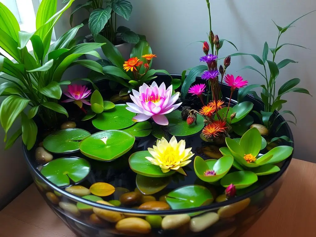 Small indoor water gardens with aquatic plants