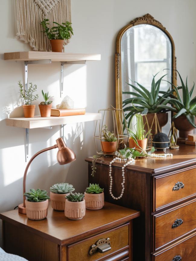 boho bedroom with plants