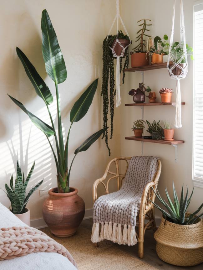 boho bedroom with plants