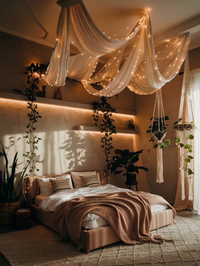 boho bedroom with plants