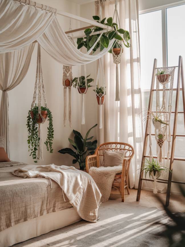 boho bedroom with plants