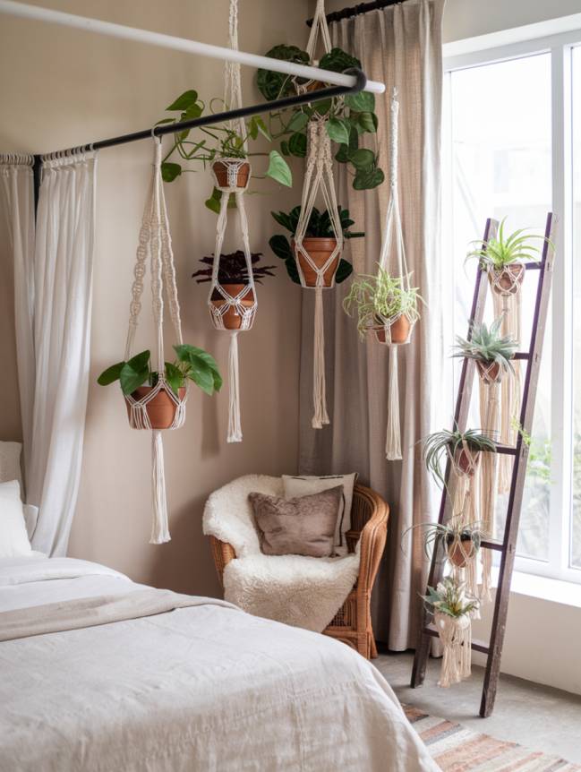 boho bedroom with plants