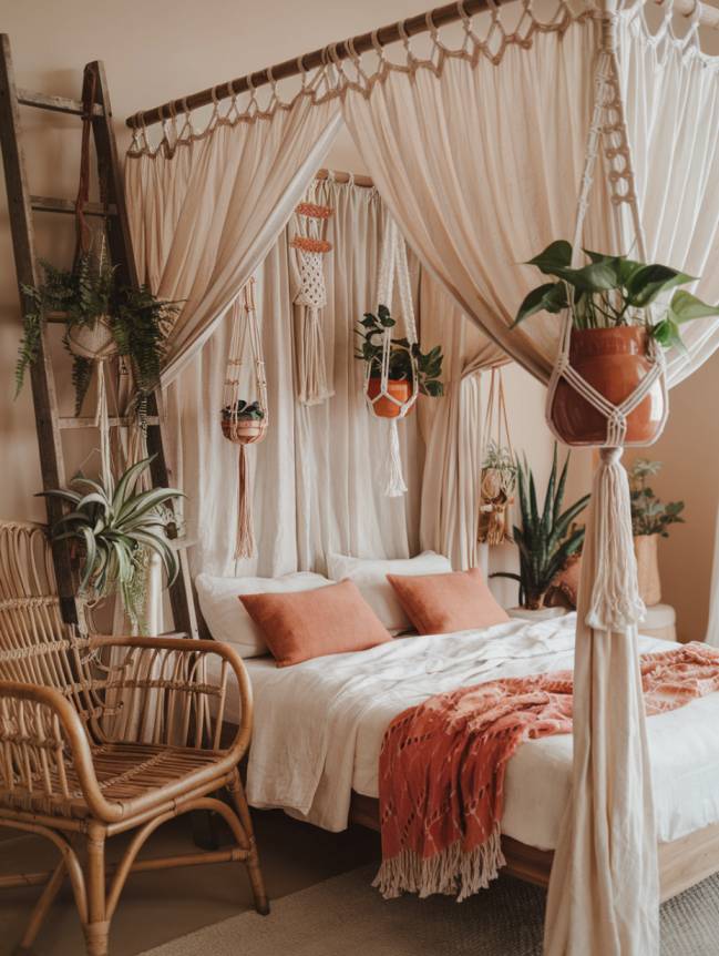 boho bedroom with plants