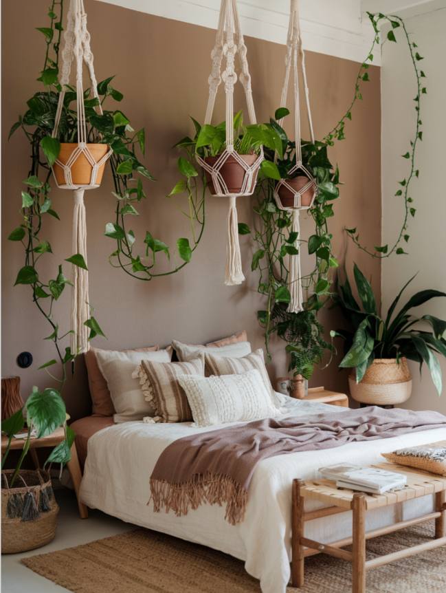 boho bedroom with plants